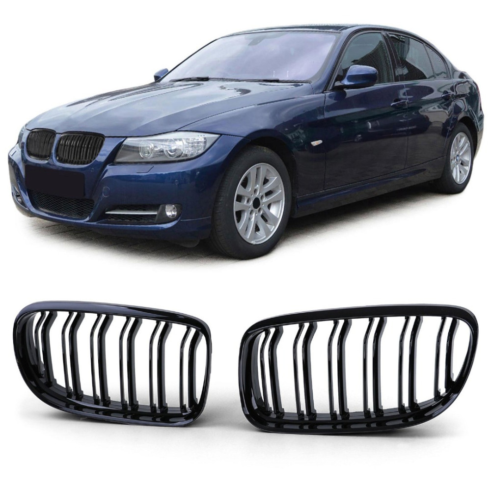 Front grills black gloss BMW 3 E90/E91 Facelift Double Stripe M Design Piano Black (2008-2011)