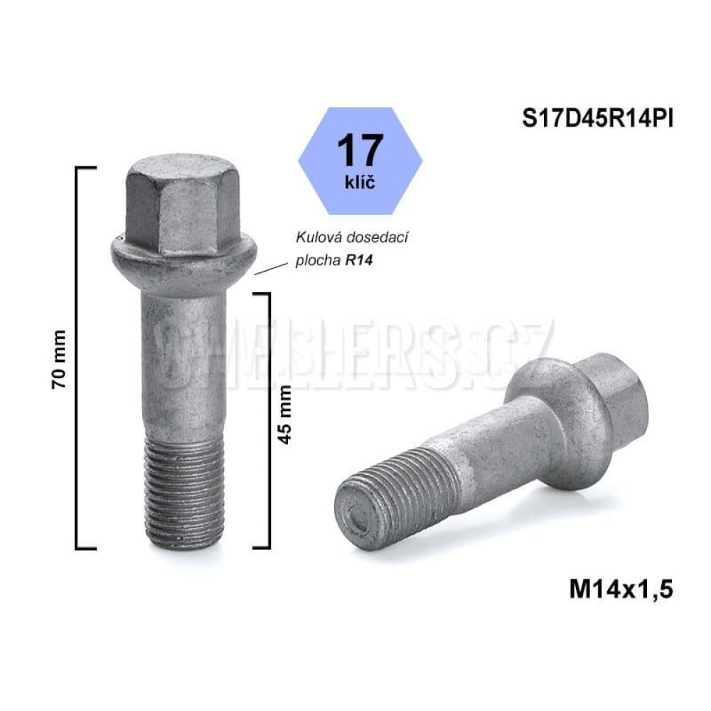 Wheel bolt 14x1.5x45mm spherical R14 BIMECC