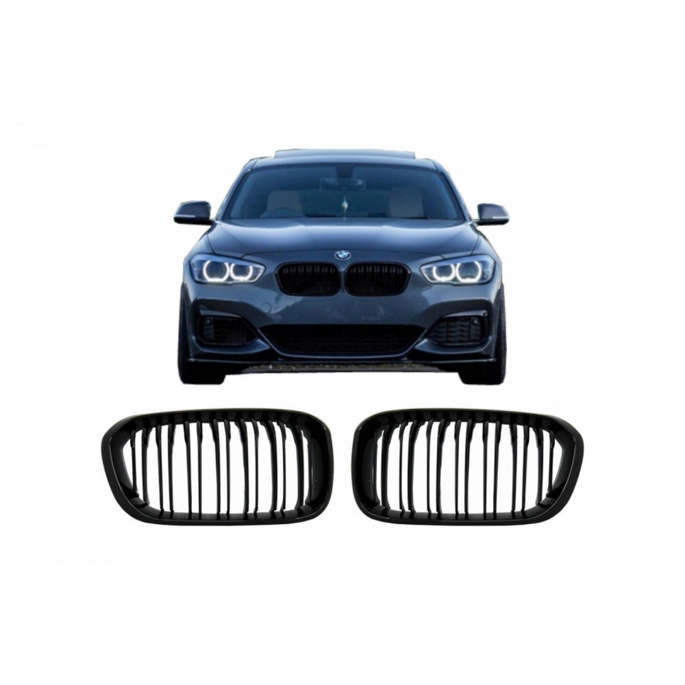 Front grills black gloss BMW 1 F20 Facelift Double Stripe M1 Design Piano Black (2015-2019)